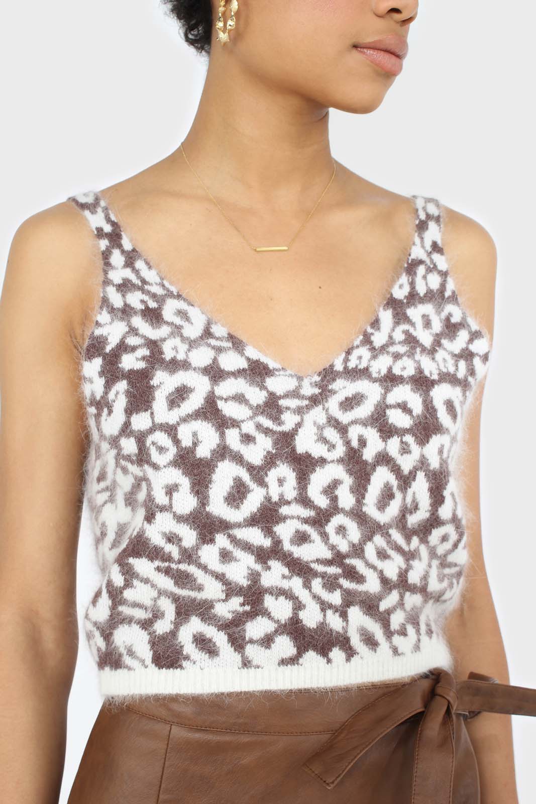 Ivory and brown leopard angora tank