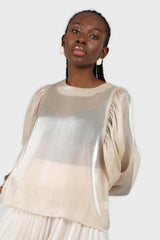 Champagne metallic balloon sleeve silky top