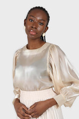 Champagne metallic balloon sleeve silky top