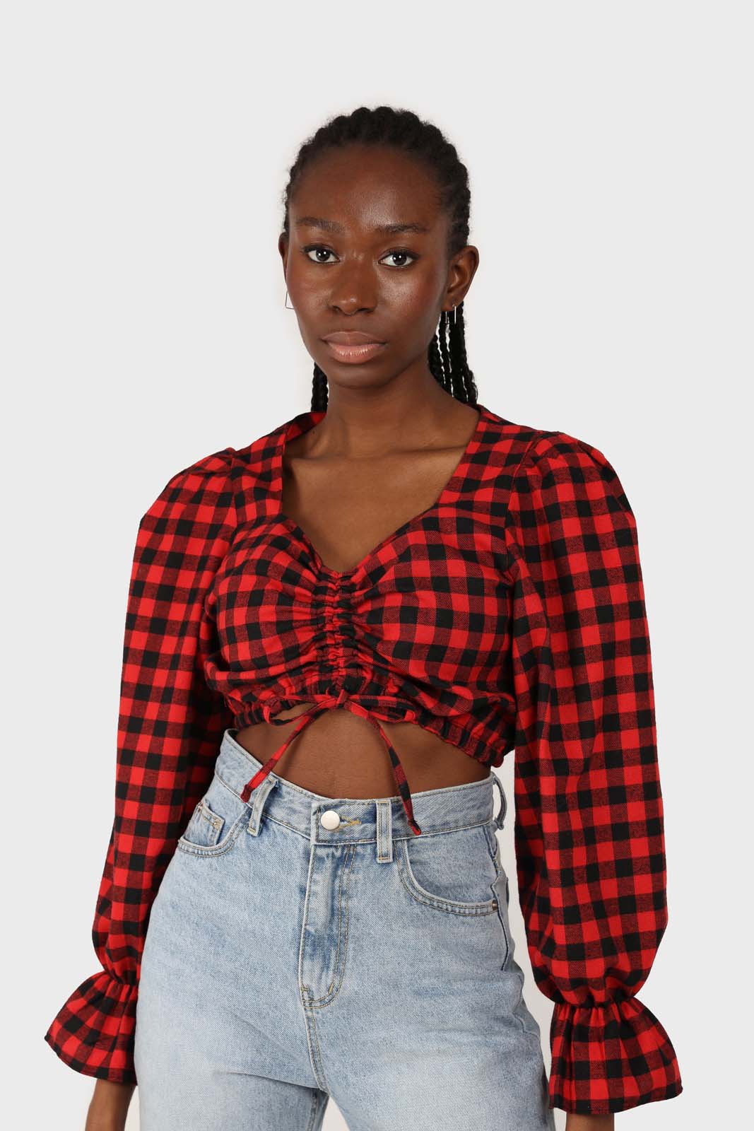 Red and black checked pull string long sleeved top