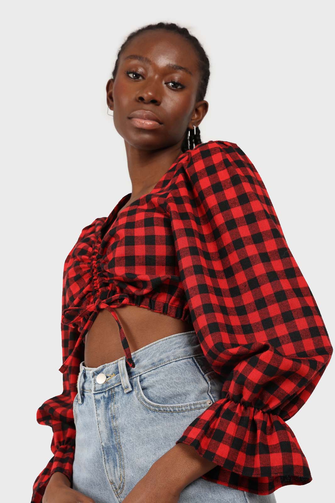 Red and black checked pull string long sleeved top