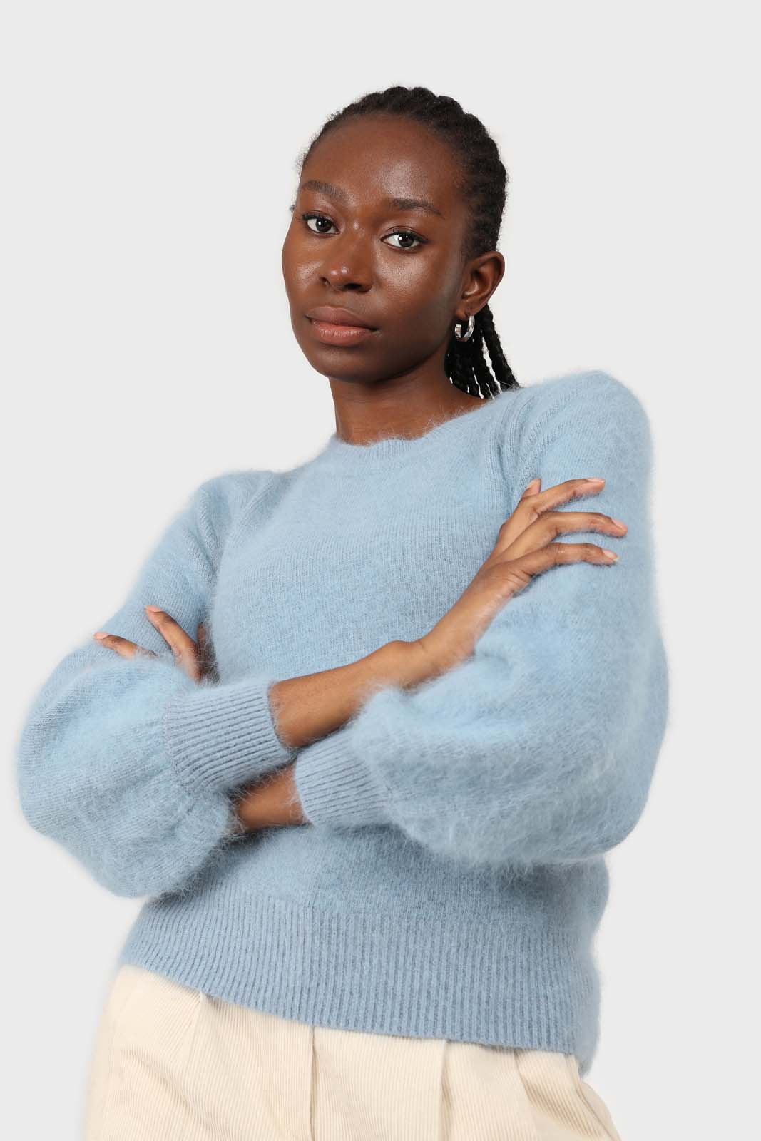 Light blue balloon sleeve angora jumper