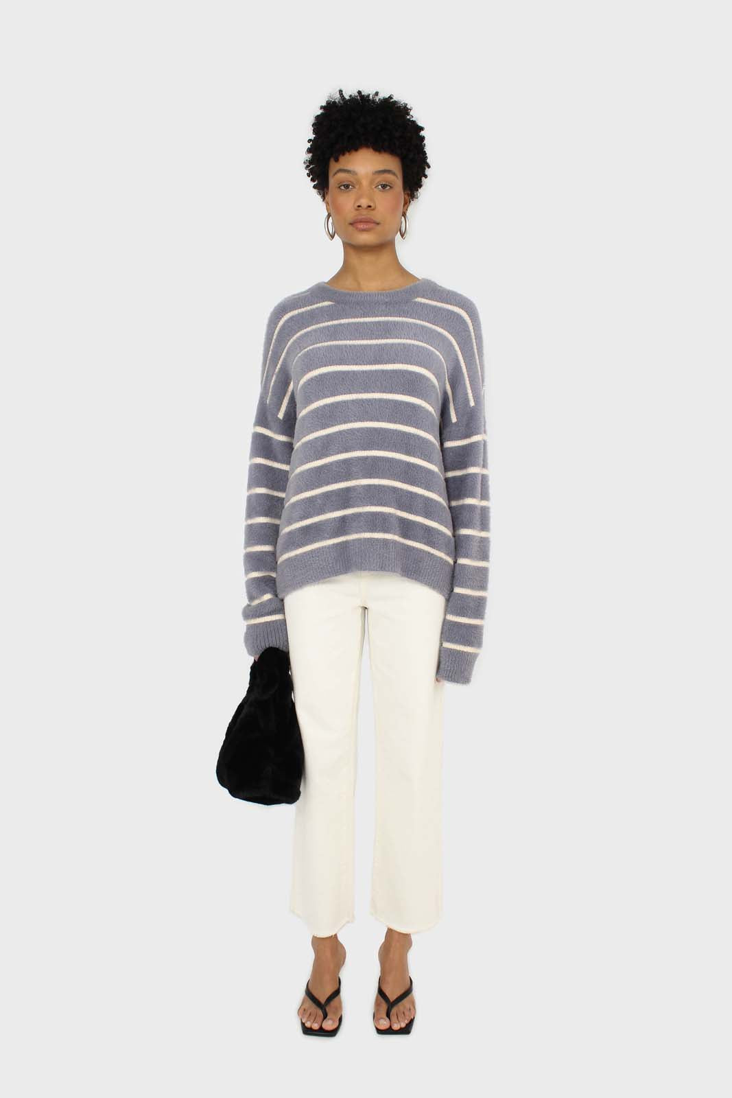 Blue and white striped fuzzy jumper
