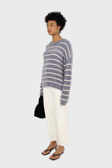 Blue and white striped fuzzy jumper