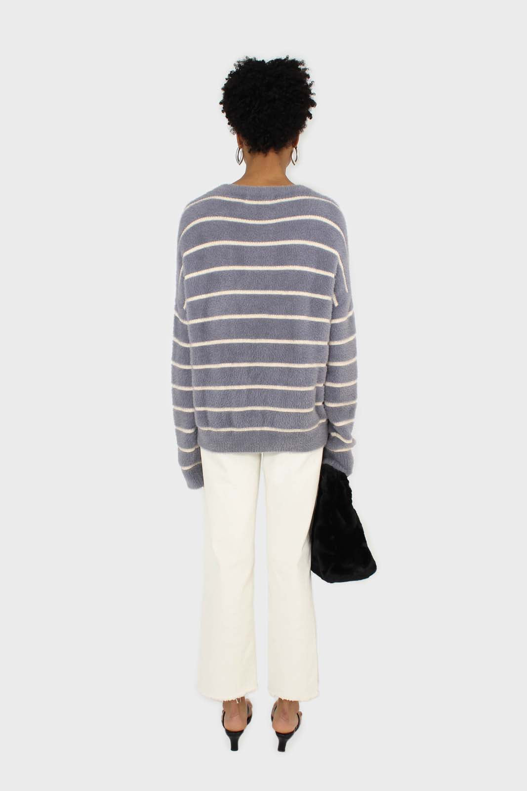 Blue and white striped fuzzy jumper