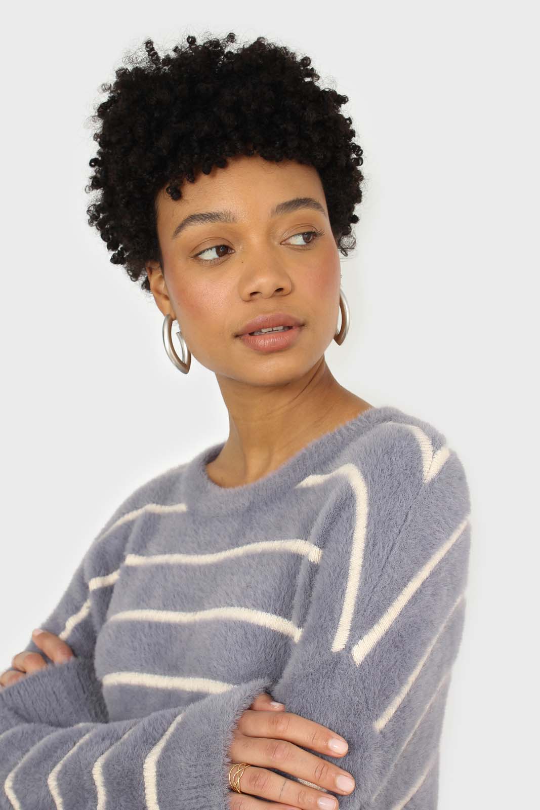 Blue and white striped fuzzy jumper
