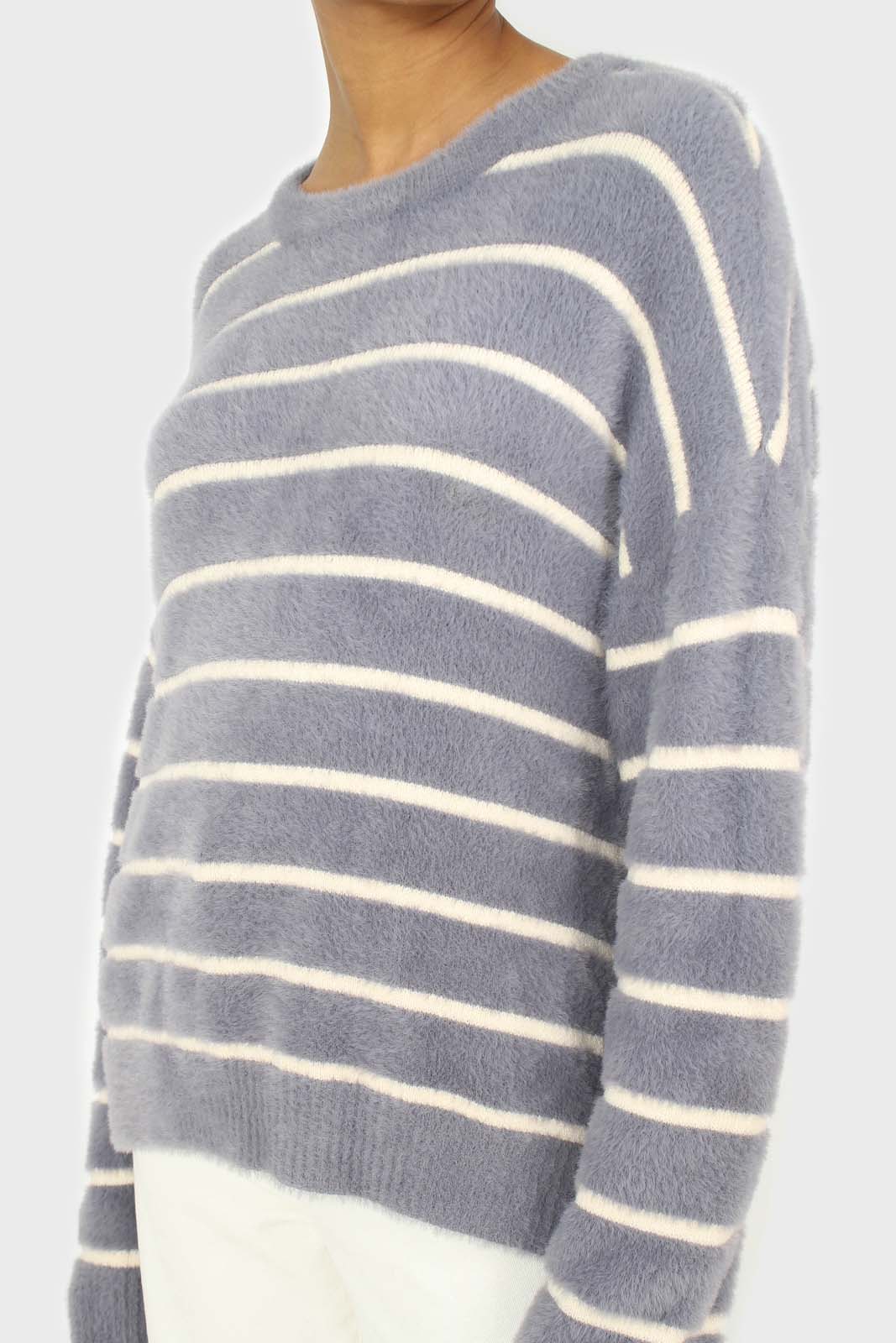 Blue and white striped fuzzy jumper