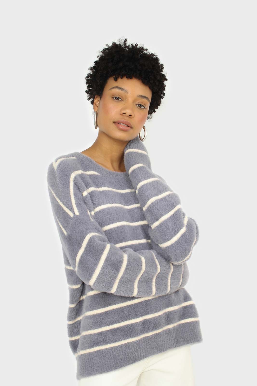 Blue and white striped fuzzy jumper
