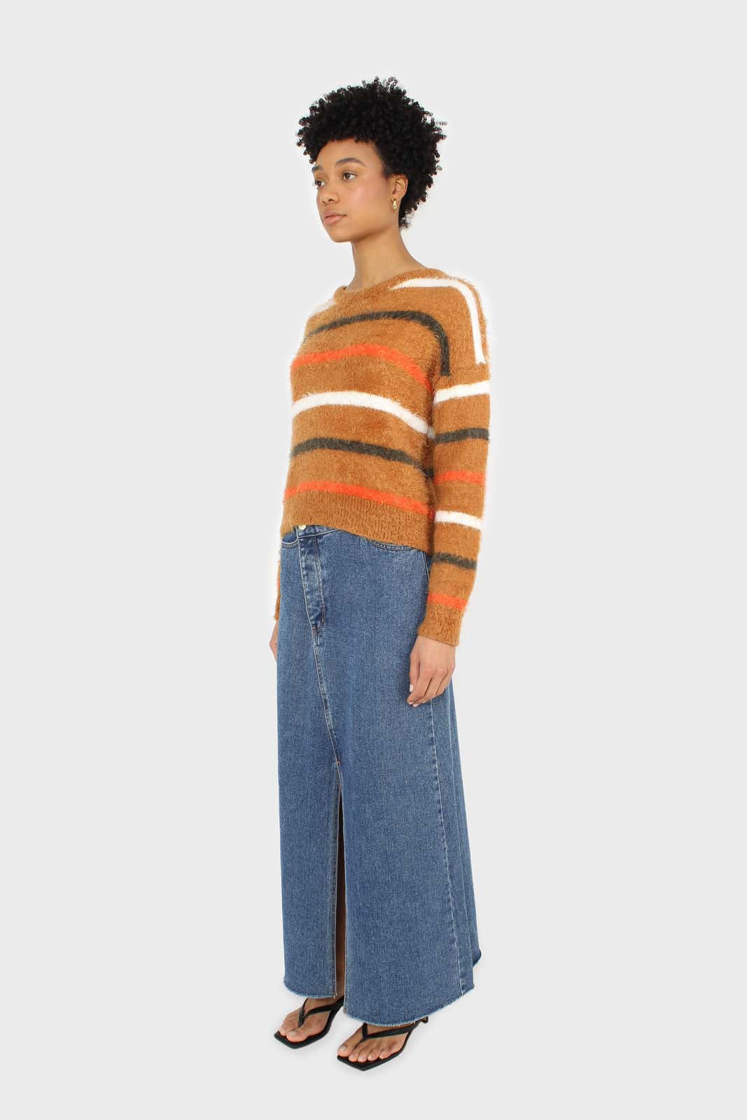 Brown and orange multi striped fuzzy jumper