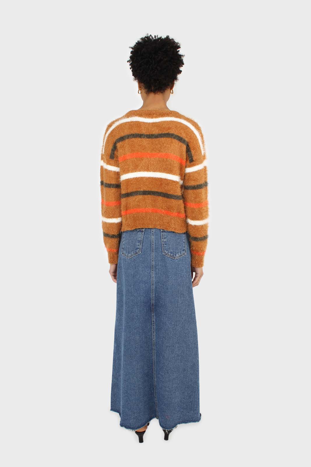 Brown and orange multi striped fuzzy jumper