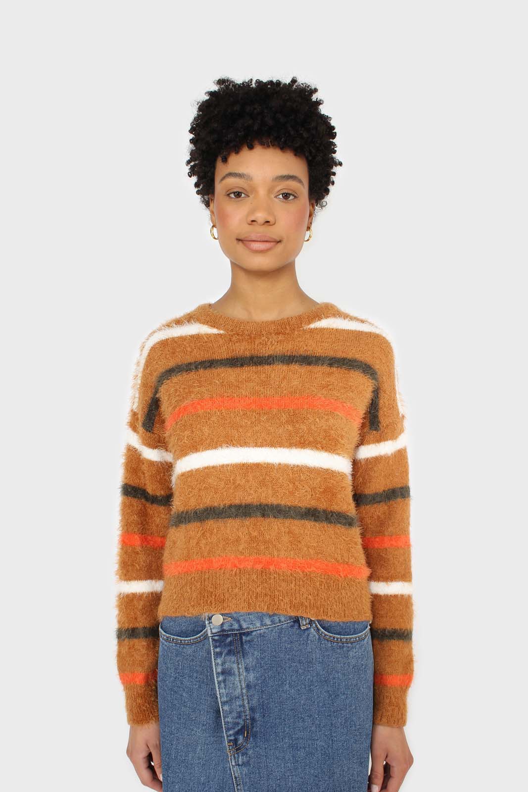 Brown and orange multi striped fuzzy jumper