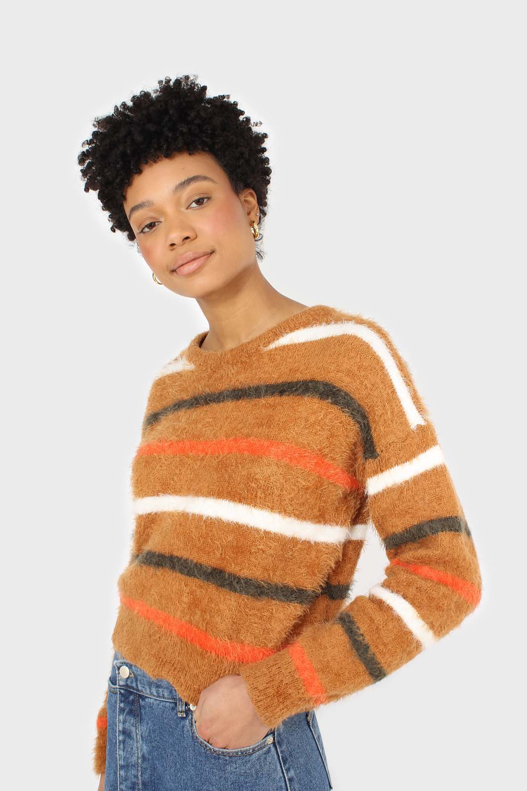 Brown and orange multi striped fuzzy jumper