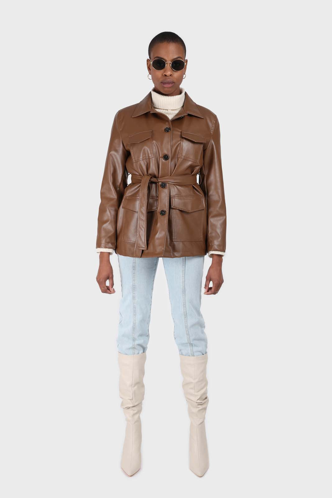 Brown vegan leather belted half long jacket