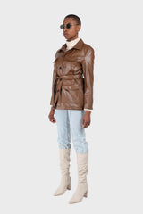 Brown vegan leather belted half long jacket