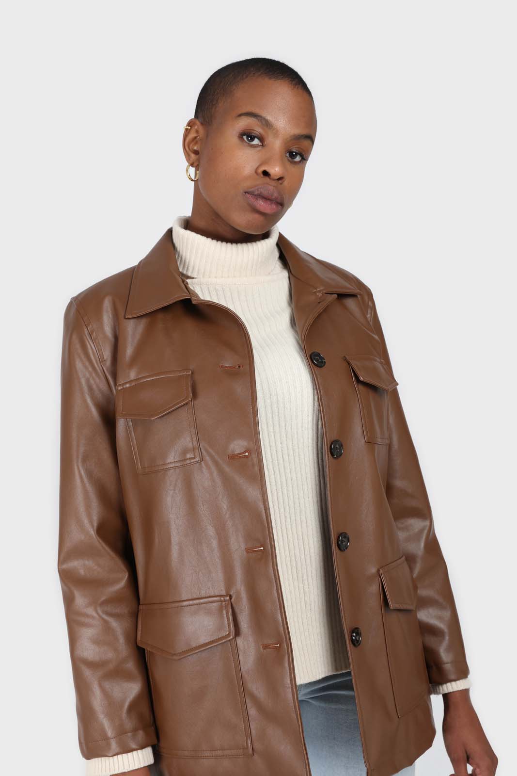 Brown vegan leather belted half long jacket