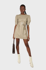 Beige vegan leather belted mini dress