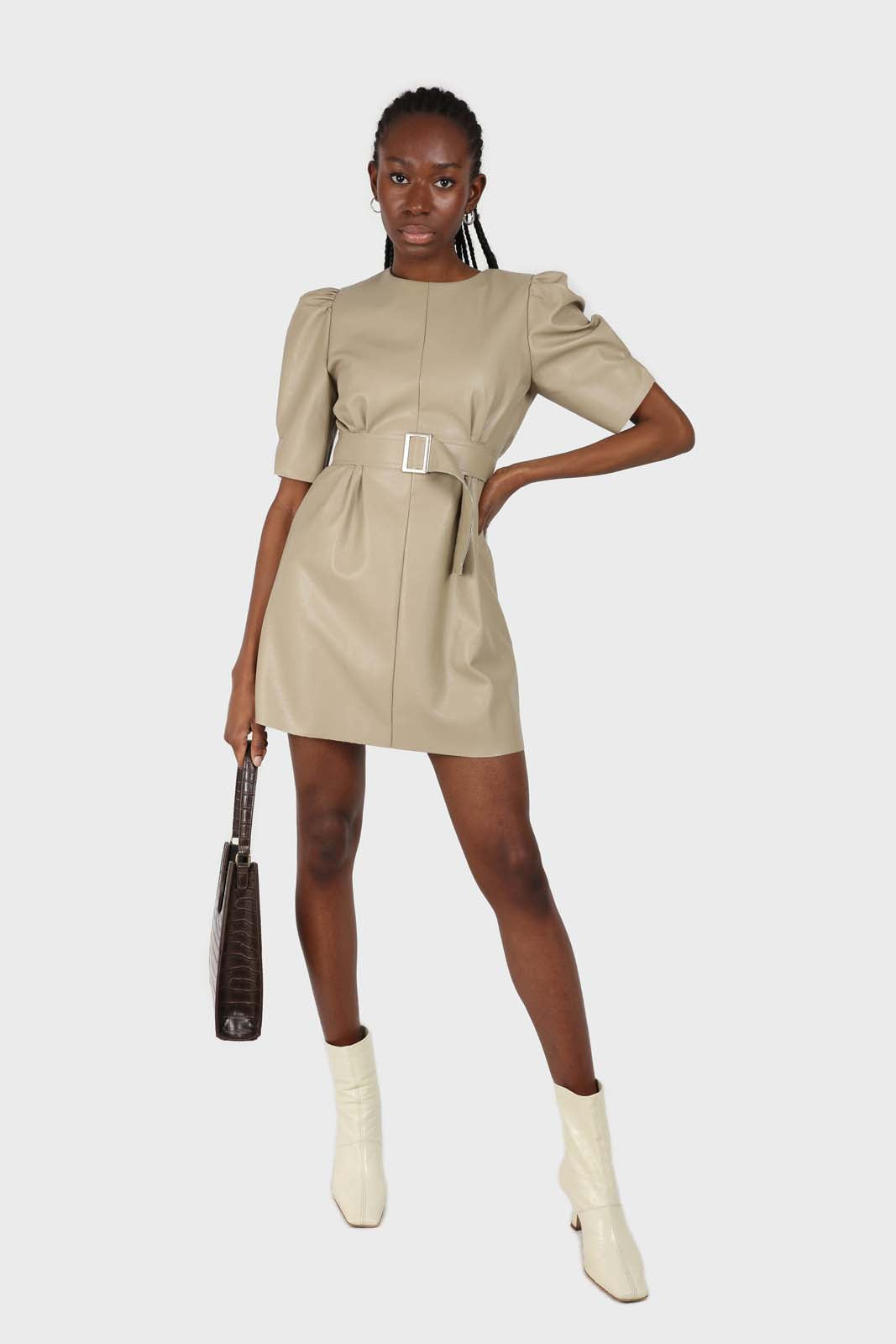 Beige vegan leather belted mini dress