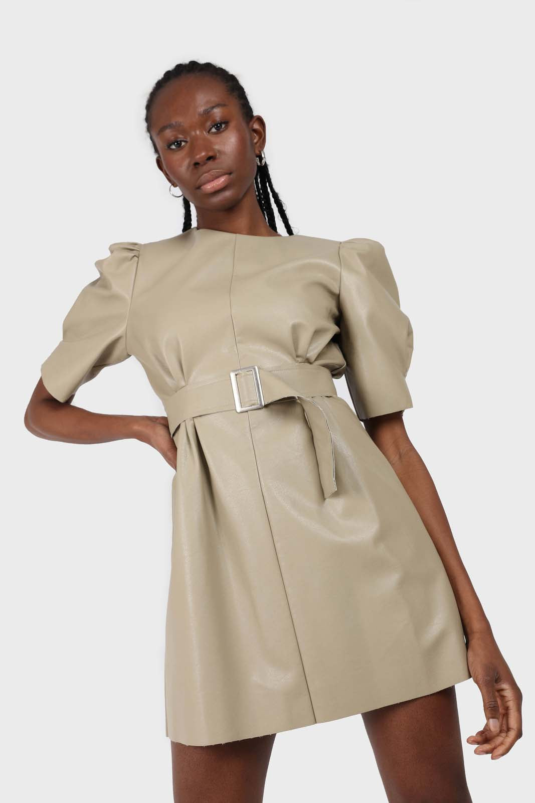 Beige vegan leather belted mini dress
