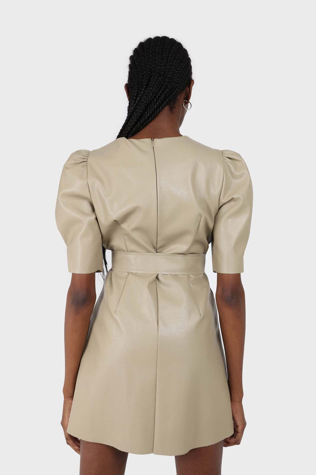 Beige vegan leather belted mini dress