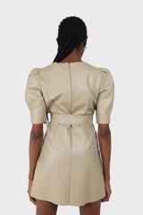 Beige vegan leather belted mini dress