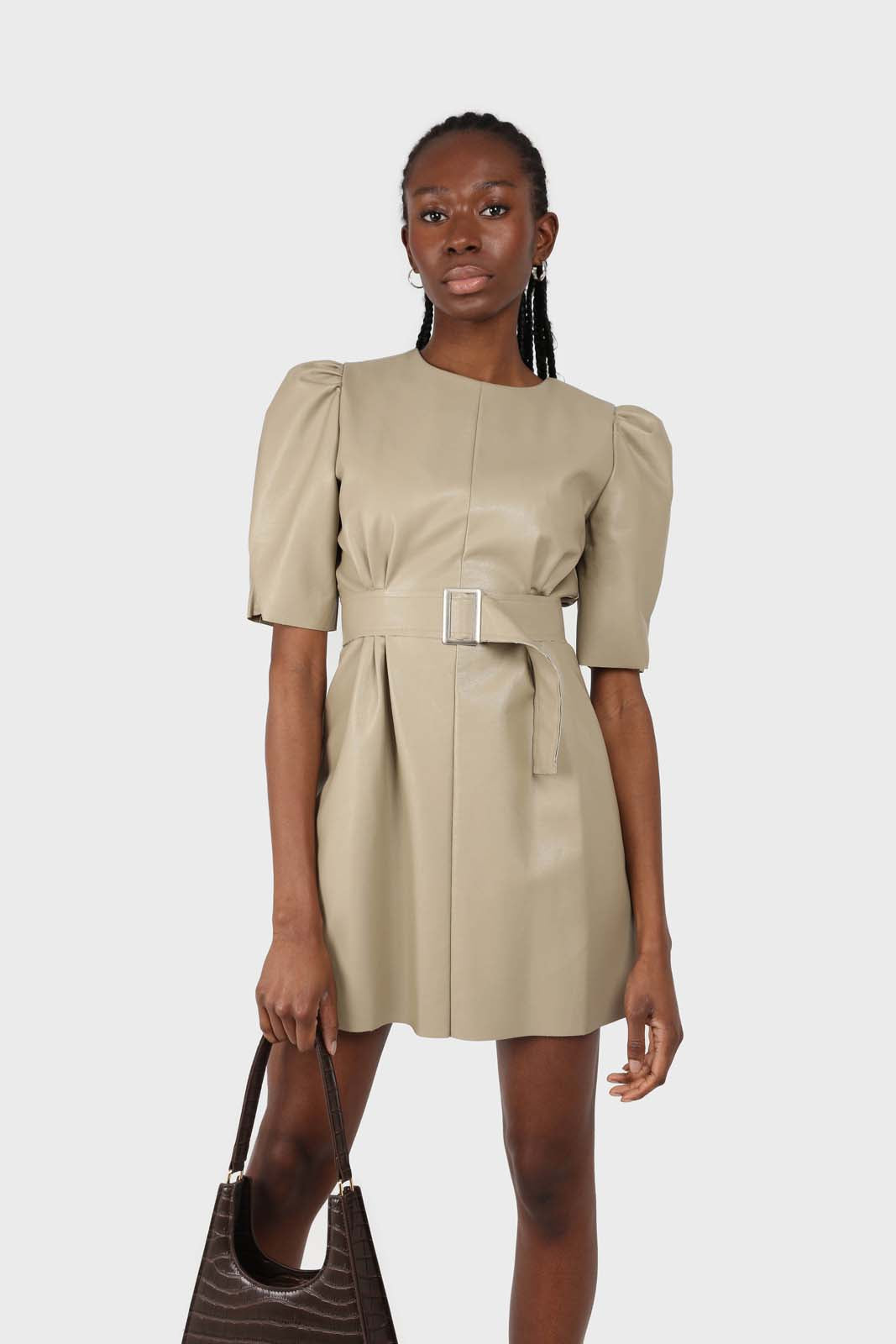 Beige vegan leather belted mini dress