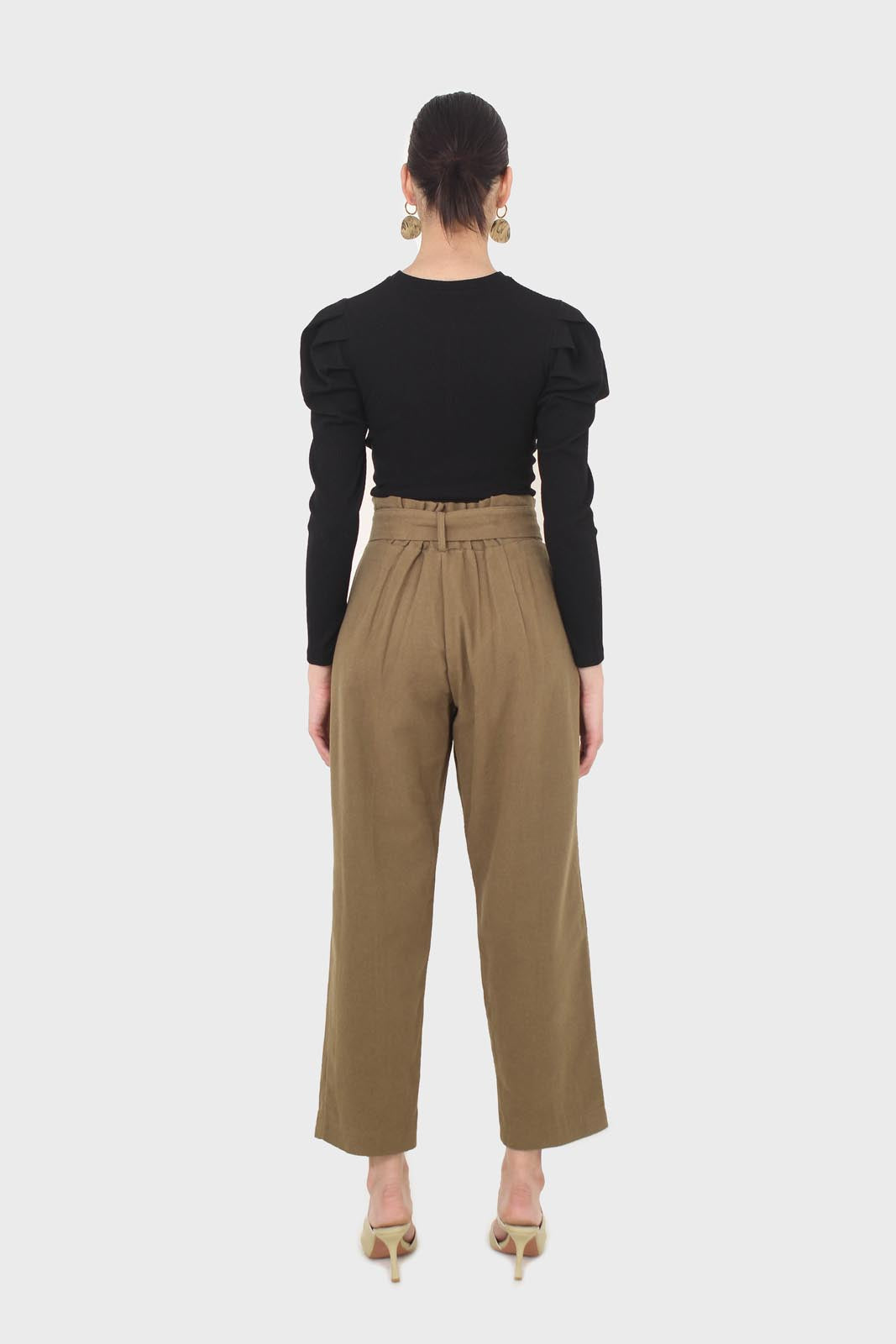Khaki tuck belted loose fit trousers