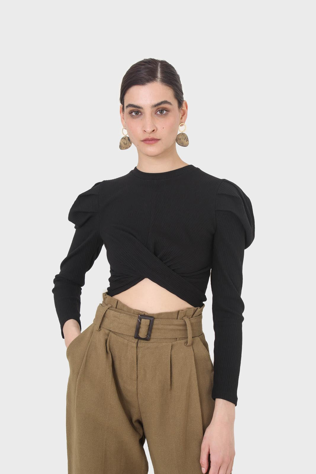 Khaki tuck belted loose fit trousers