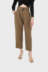 Khaki tuck belted loose fit trousers