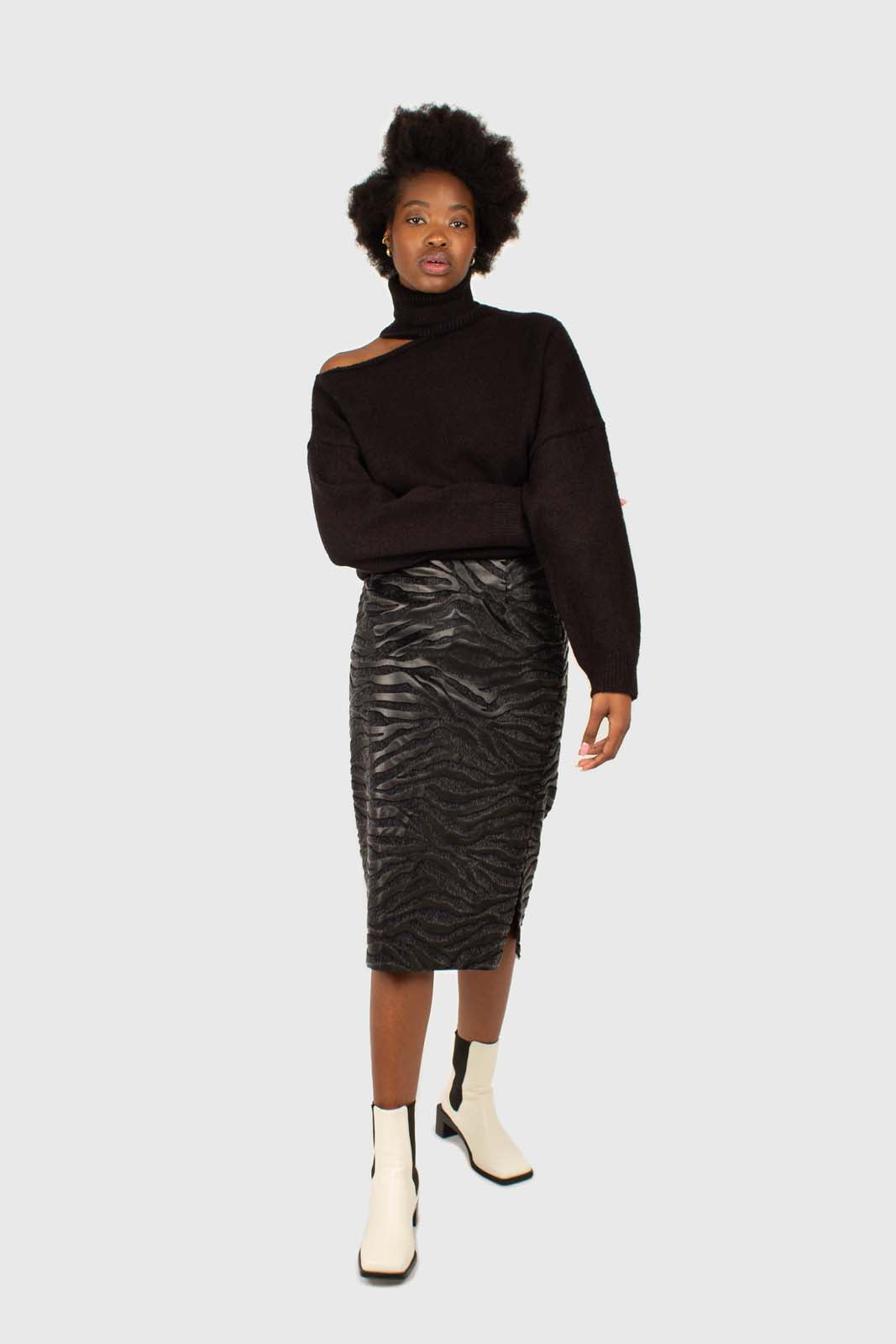 Charcoal vegan horse hair and leather pencil skirt