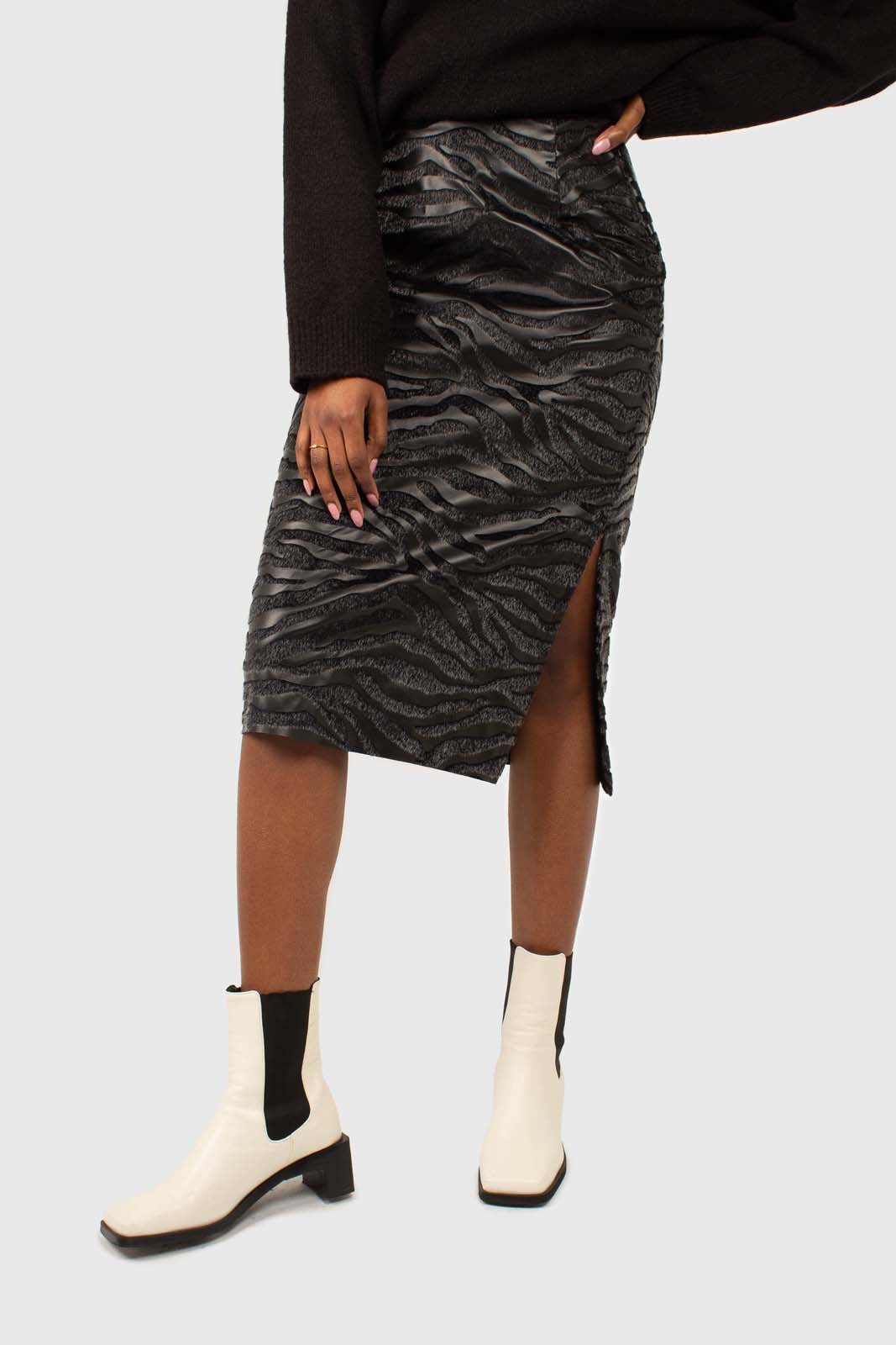 Charcoal vegan horse hair and leather pencil skirt