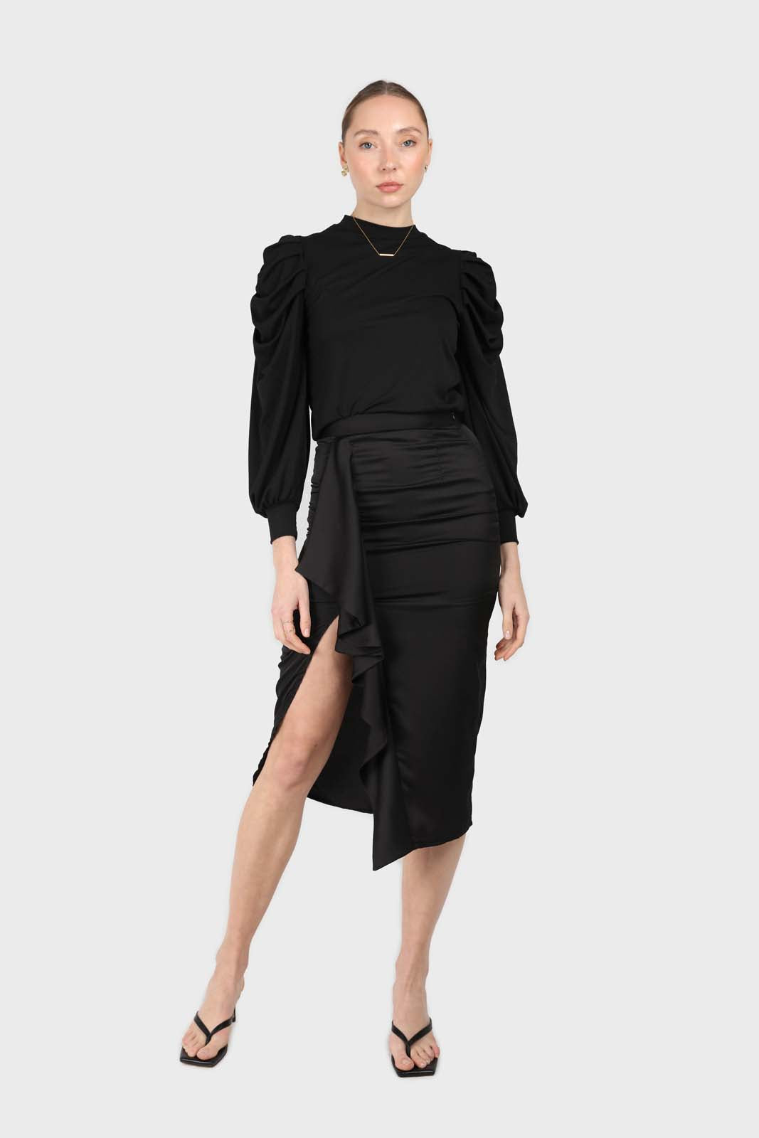 Black cascading ruffle satin midi skirt