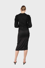 Black cascading ruffle satin midi skirt