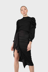 Black cascading ruffle satin midi skirt