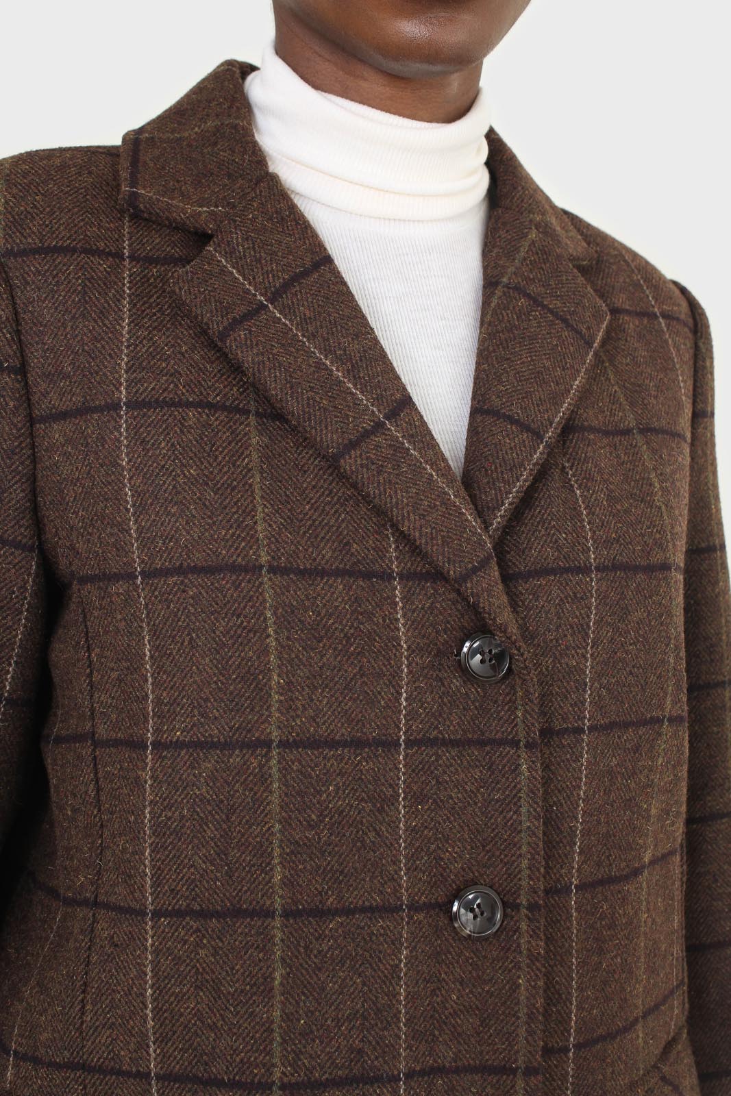 Brown large plaid wool belted half coat