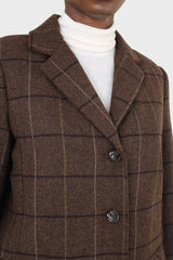 Brown large plaid wool belted half coat