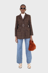 Brown large plaid wool belted half coat