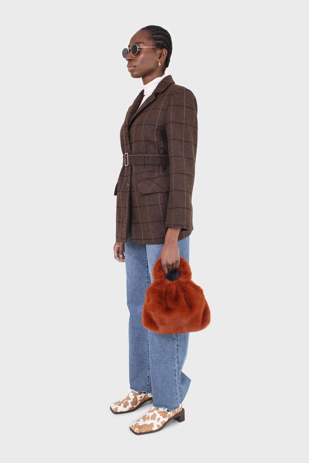 Brown large plaid wool belted half coat
