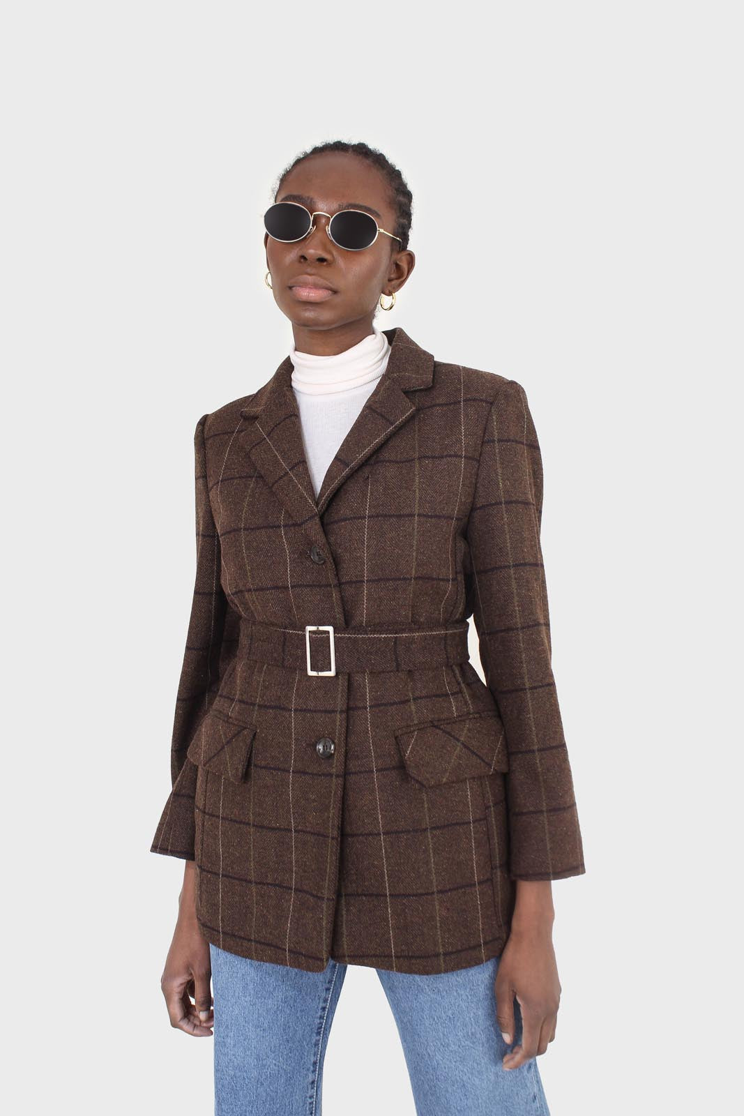 Brown large plaid wool belted half coat