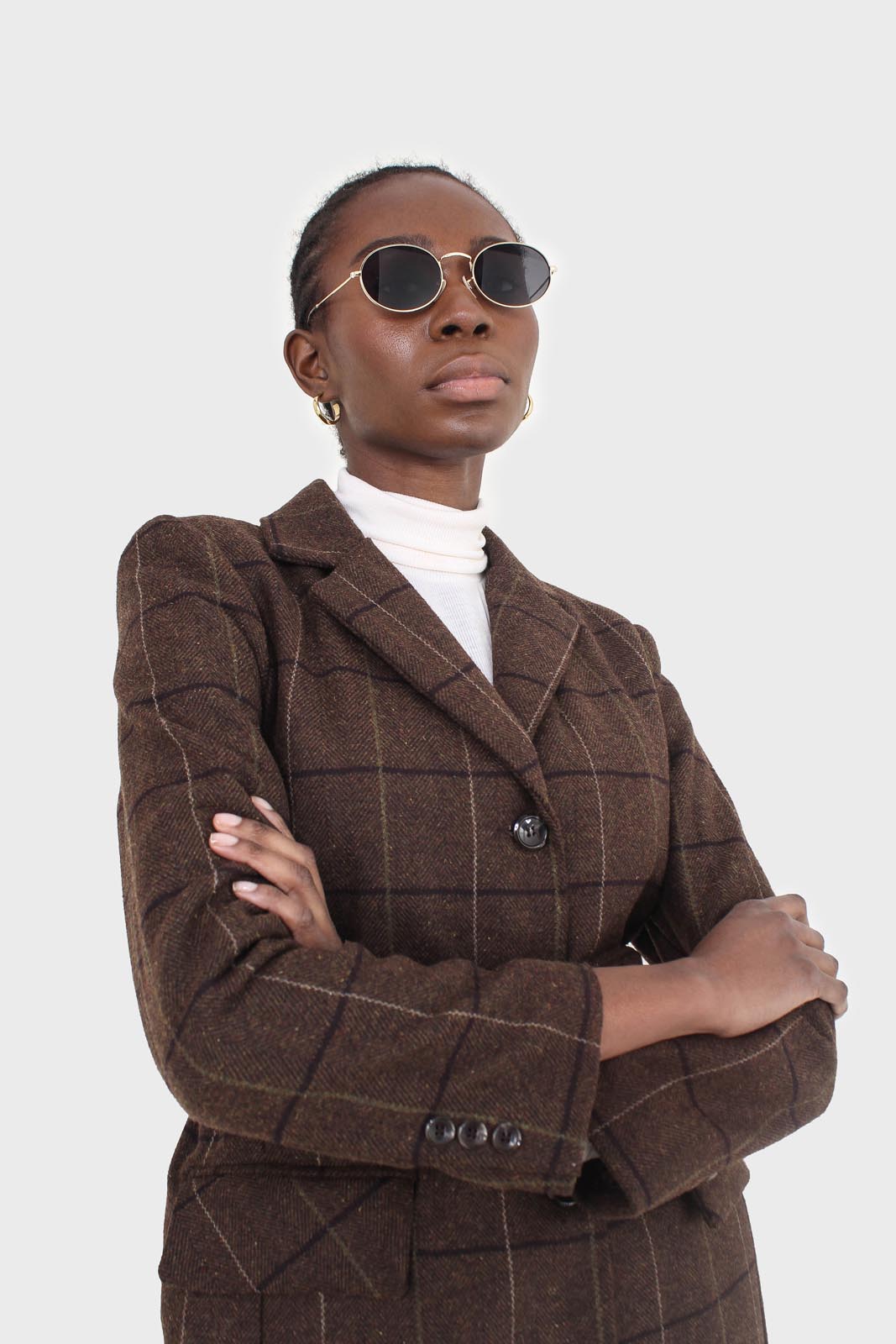 Brown large plaid wool belted half coat