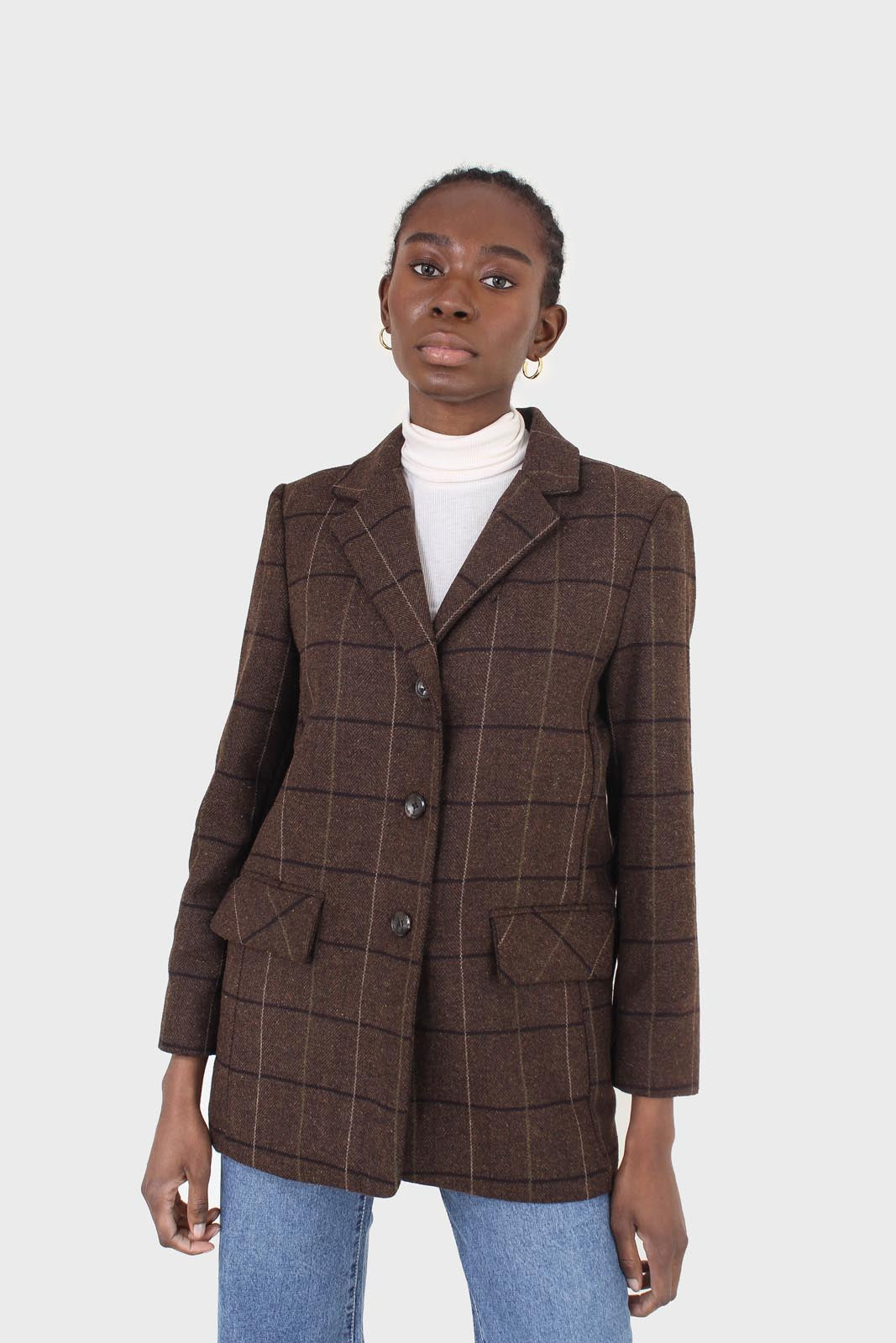 Brown large plaid wool belted half coat
