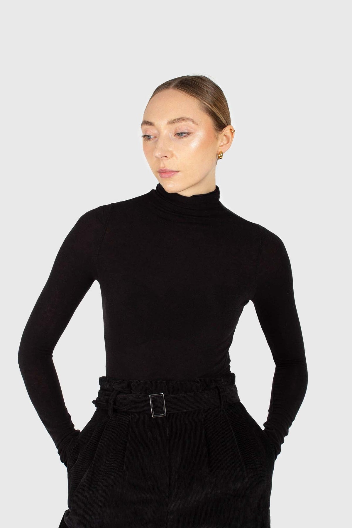 Black soft thin turtleneck jersey top