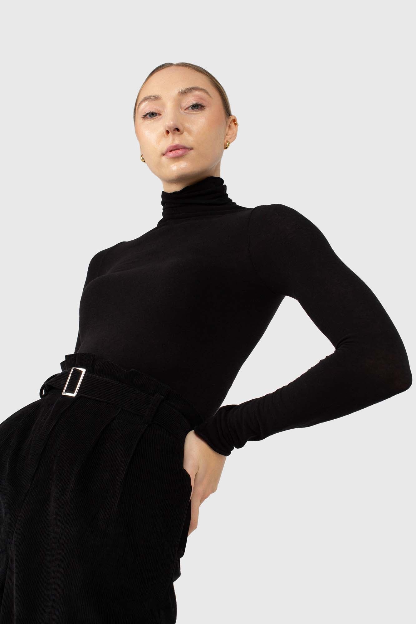 Black soft thin turtleneck jersey top