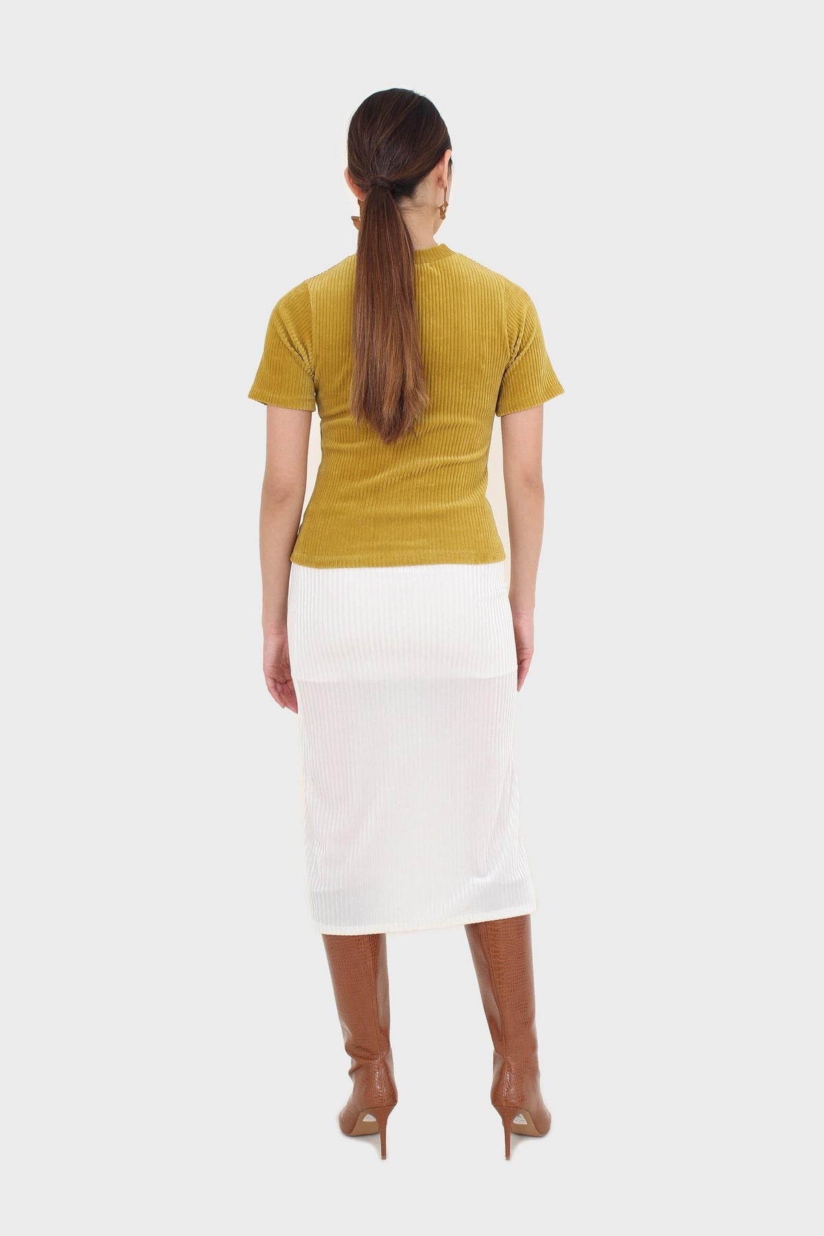 Ivory ribbed velvet midi pencil skirt