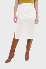 Ivory ribbed velvet midi pencil skirt