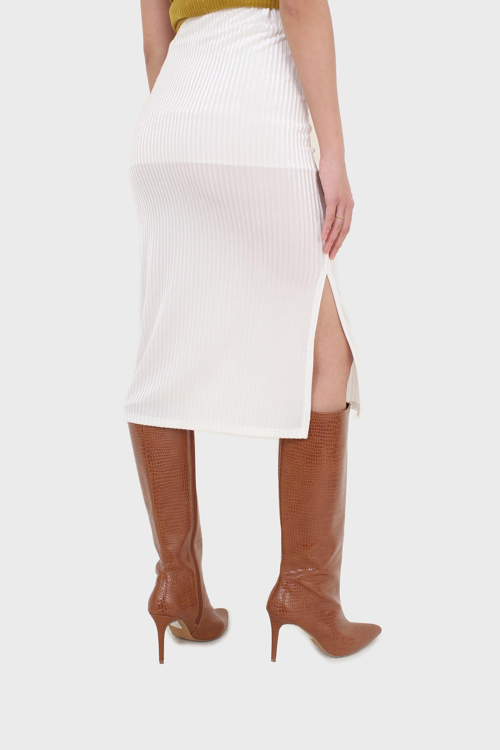 Ivory ribbed velvet midi pencil skirt