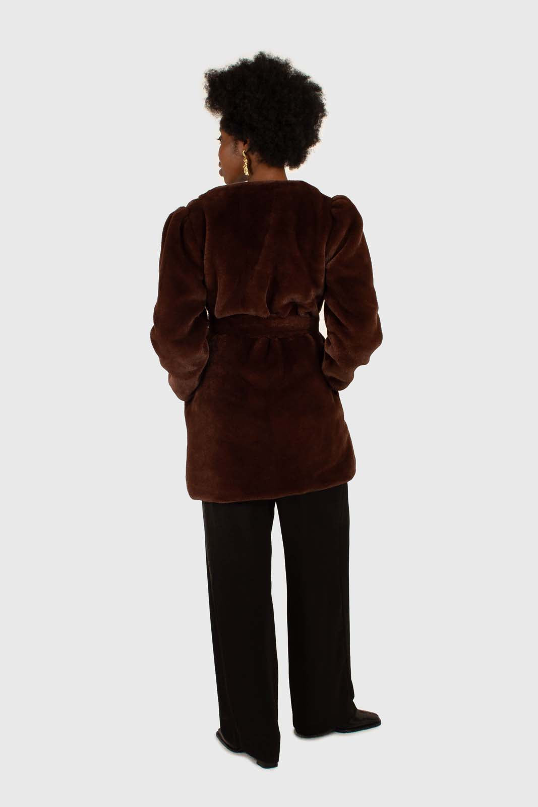 Brown vegan mink belted half coat