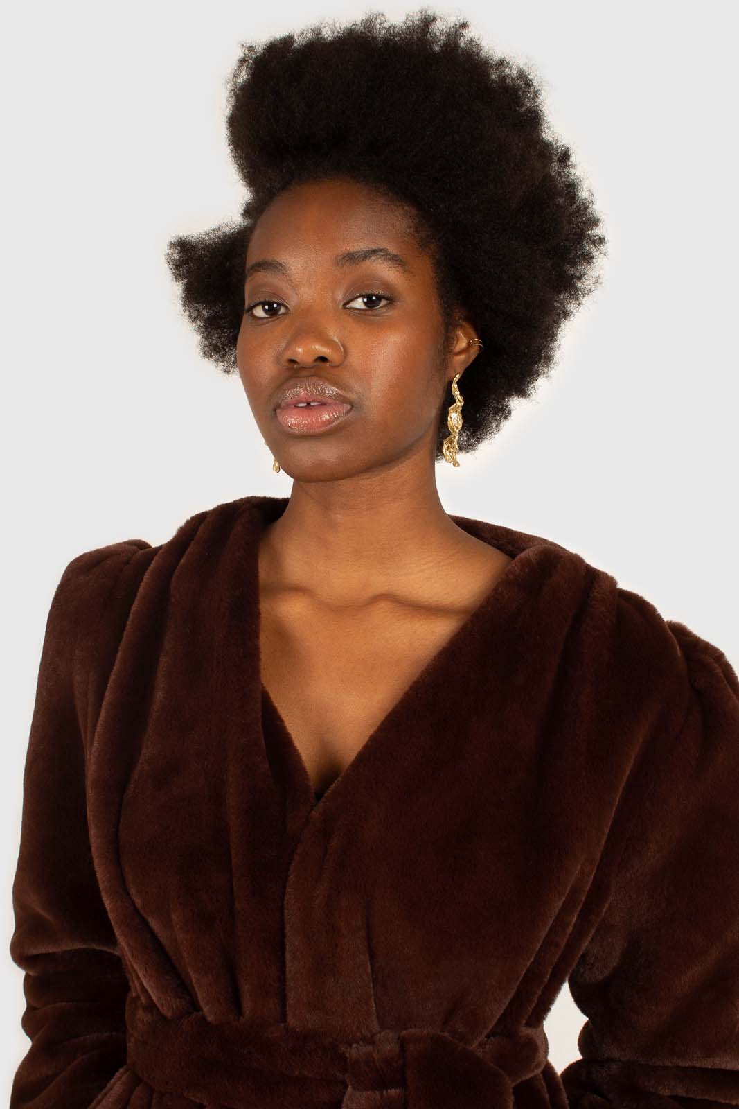 Brown vegan mink belted half coat