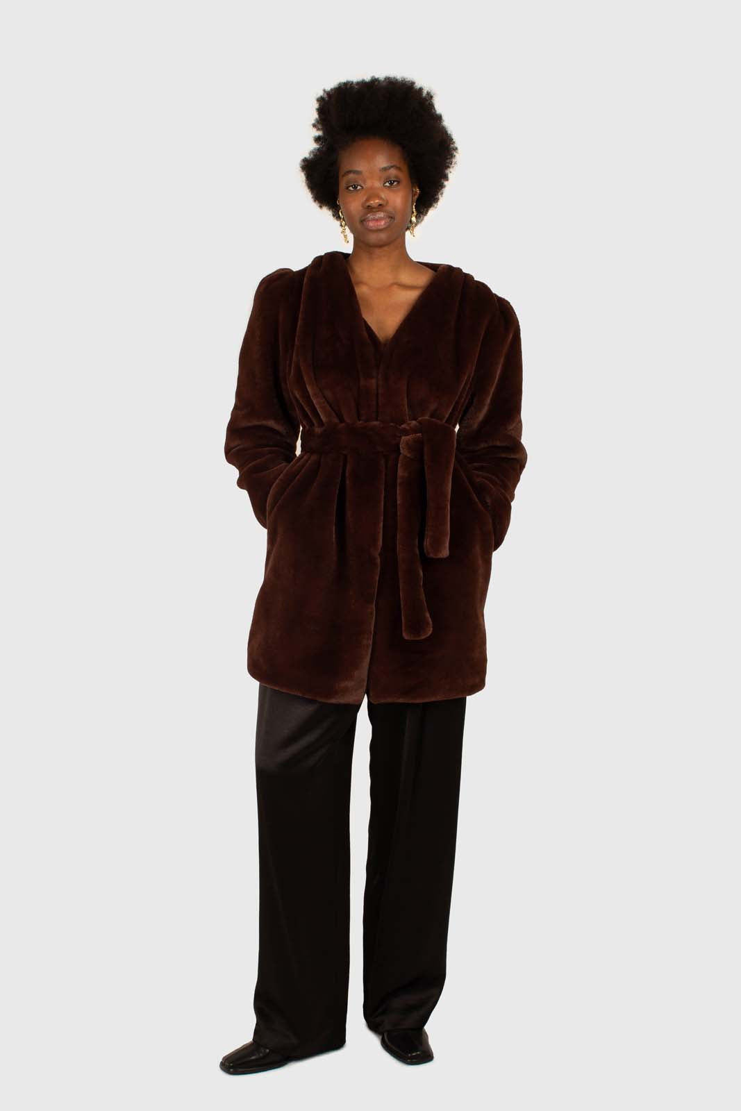 Brown vegan mink belted half coat