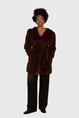 Brown vegan mink belted half coat