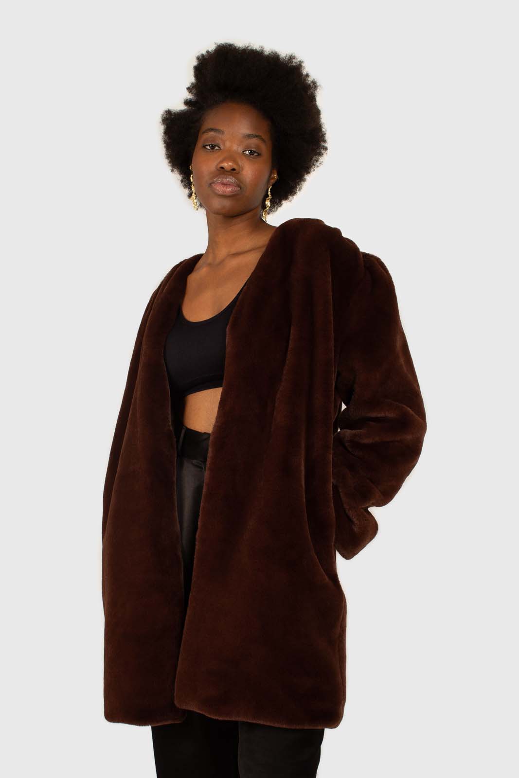 Brown vegan mink belted half coat